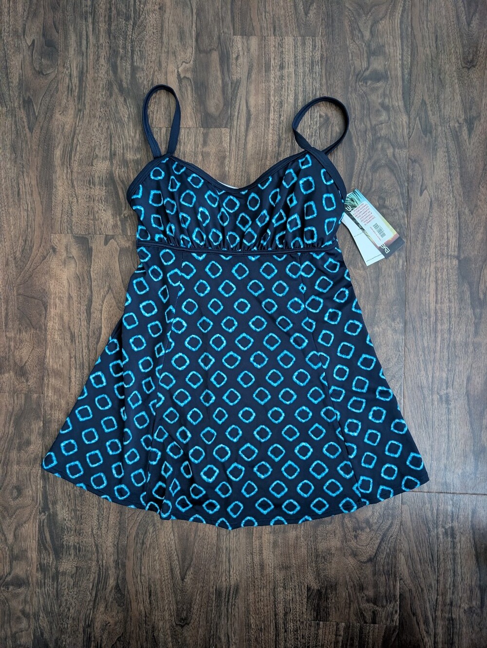 Beach House 12 Black One-Piece Swimdress with Teal Geometric Print Womens